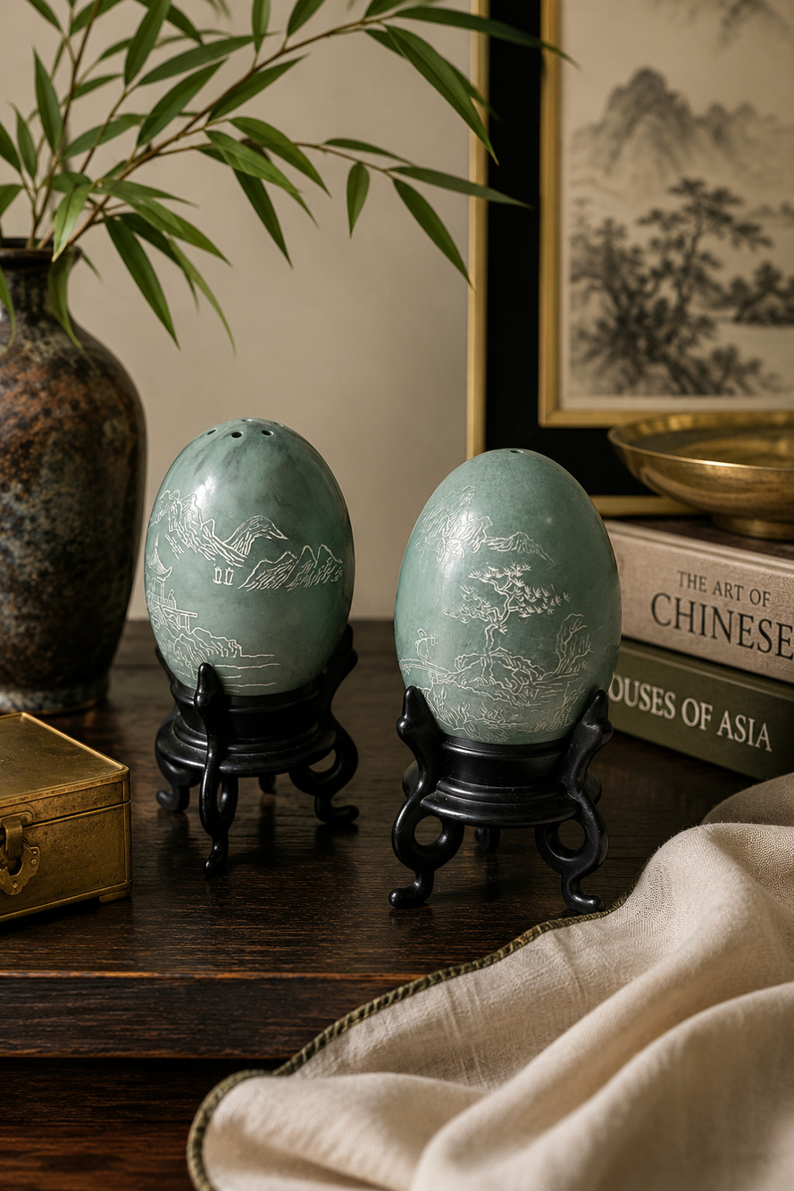 Vintage Hong Kong Faux Jade Egg Salt & Pepper Shakers Asian Landscape w/ Stands